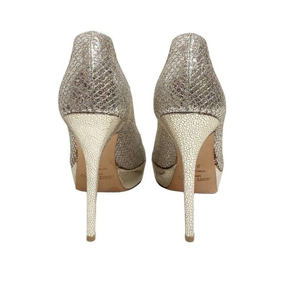 Jimmy Choo Gold Champagne Glitter Luna Peep Toe Platform Pumps Women’s Size 38.5 - Picture 3 of 16